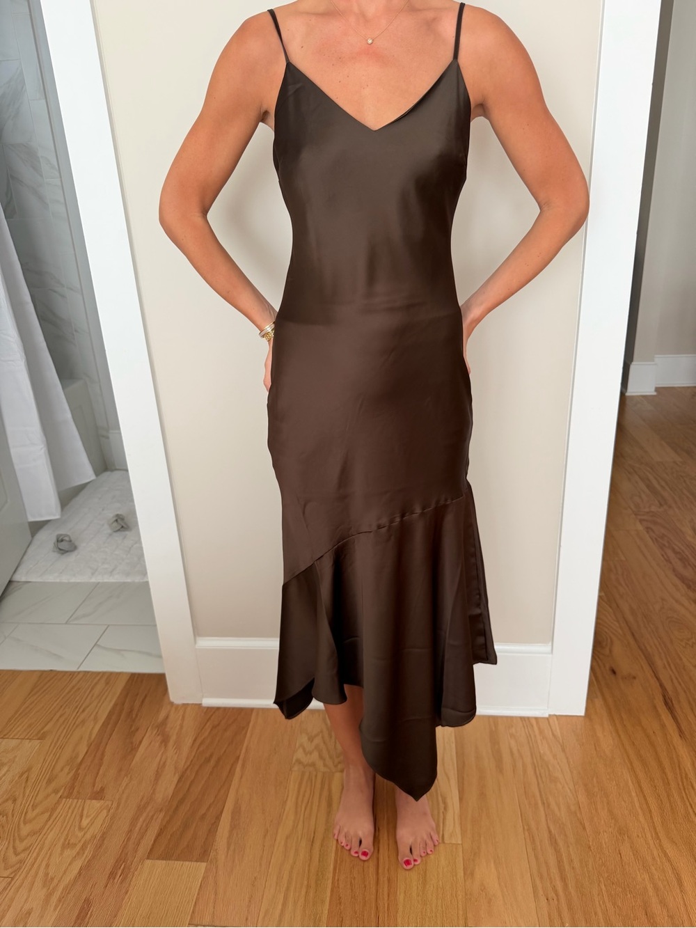 Steve Madden NWT Brown Satin Slip Midi Dress with Asymmetrical Hem